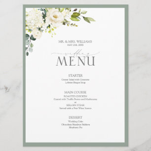 Menu Elégant blanc gris vert Aquarelle Mariage floral