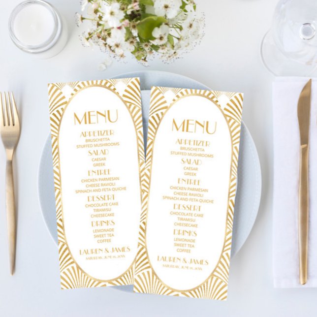 Menu Elégant Blanc Or Géométrique Mariage Art Déco (Créateur téléchargé)