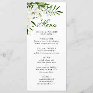 Menu Elégant Blanc Orchidées Bohème Mariage Dîner