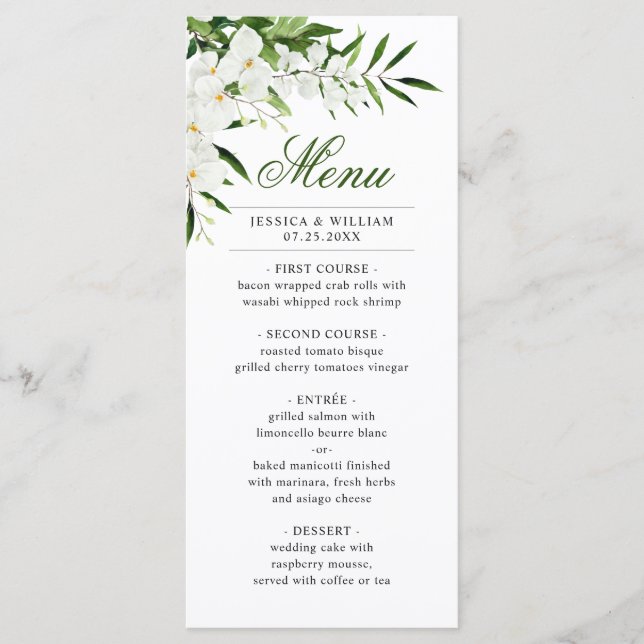 Menu Elégant Blanc Orchidées Bohème Mariage Dîner (Devant)