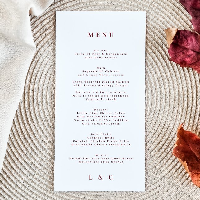 Menu Elégant blanc Plum rouge Bourgogne Le Mariage (Créateur téléchargé)