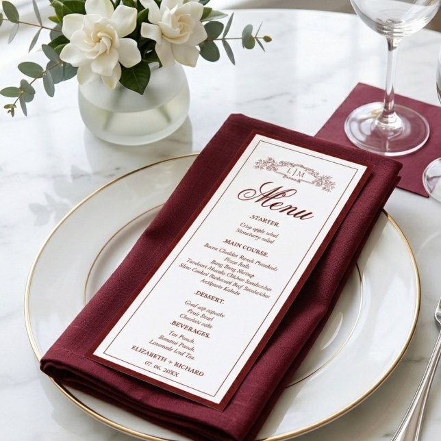 Menu Élégant blason botanique de mariage en burgundy mo (Créateur téléchargé)