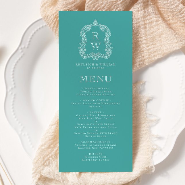 Menu Élégant blason monogramme turquoise mariage blanc (Créateur téléchargé)