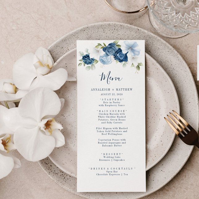 Menu Elégant bleu bleu bleu floral Mariage (Créateur téléchargé)