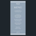 Menu Elégant bleu bleu bleu minimal Monogramme Mariage<br><div class="desc">Un menu de dîner minimaliste chic,  bleu marine et blanc,  mariage bleu clair. Ce qui présente un design modèle chic de l'arrière - plan bleu poussiéreux et la typographie blanche. Et monogramme ou initiales en haut et bandes blanches en bas et en haut.</div>