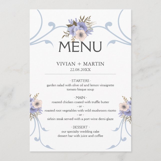Menu Elégant bleu clair poussiéreux et violet mariage (Devant)