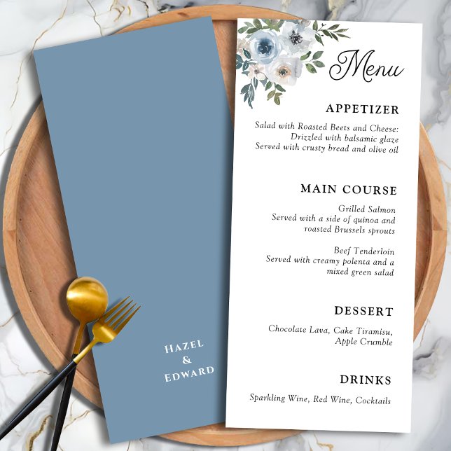 Menu Elégant bleu Dusty Mariage de calligraphie florale (Elegant Dusty blue Floral Calligraphy Wedding Menu)