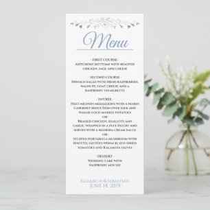 Menu Elégant bleu et argent Filigree avec Mariage de co