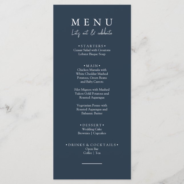 Menu Elégant bleu marine Mangeons Mariage de calligraph (Devant)
