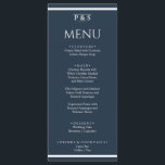 Menu Élégant bleu marine minimaliste Monogramme Mariage<br><div class="desc">Un menu de dîner minimaliste chic et bleu marine,  blanc et élégant,  à la carte pour le mariage. Ce qui présente le design modèle chic de marine bleu arrière - plan et de la typographie blanche. Et monogramme ou initiales en haut et bandes blanches en bas et en haut.</div>