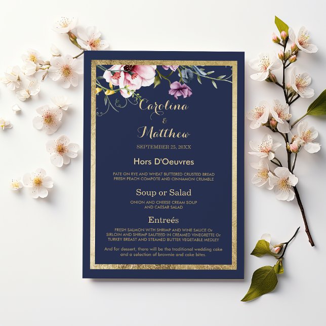 Menu Elégant bleu marine or rose rose floral Mariage Me (Elegant navy blue gold pink floral Wedding Menu )