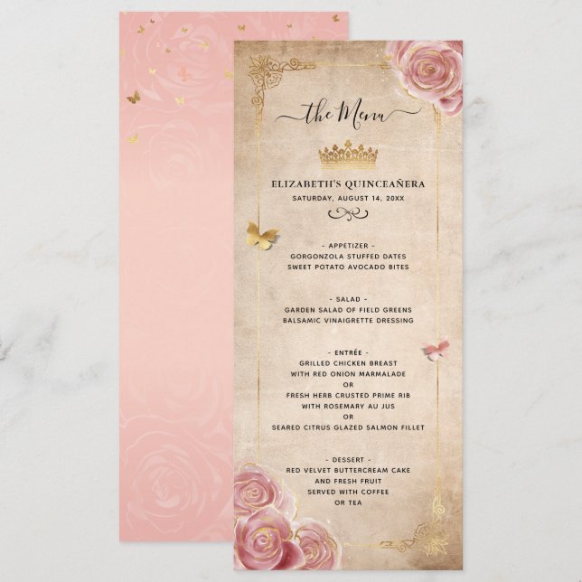 Menu Elégant bleu rose Aquarelle Rose or Floral (Devant / Derrière)