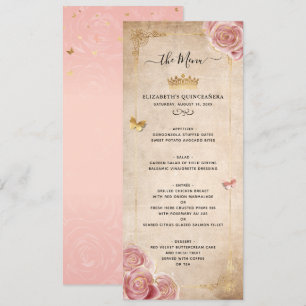 Menu Elégant bleu rose Aquarelle Rose or Floral