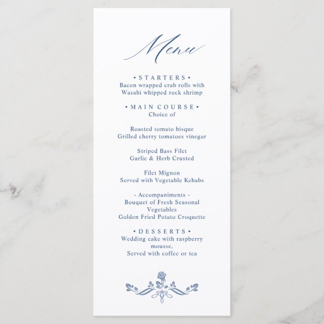 Menu Elégant Bleu Vintage Jardin Fleurs Mariage Dîner (Devant)