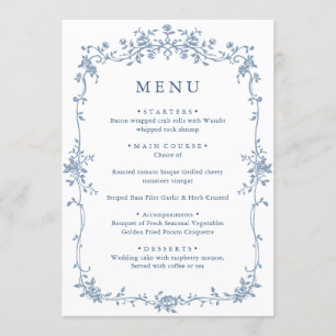 Menu Elégant Bleu Vintage Jardin Fleurs Mariage Dîner