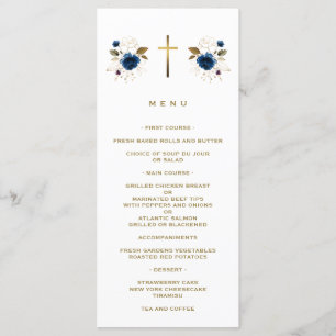 Menu Elégant Blue Flowers Gold Cross Boy Baptême