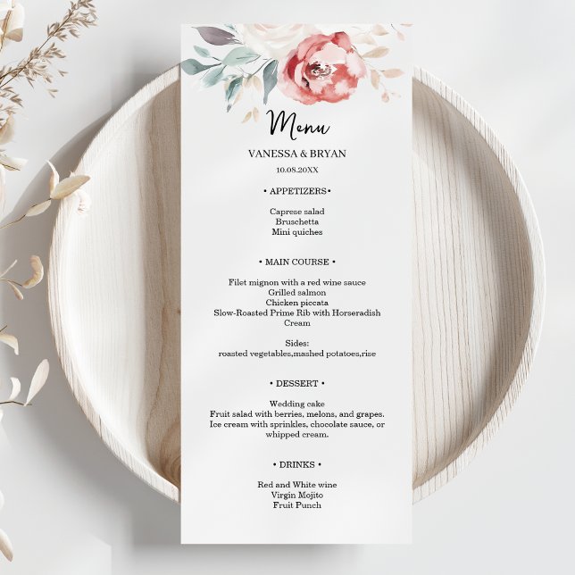 Menu Élégant Blush Red Ivory Rose Mariage (Créateur téléchargé)