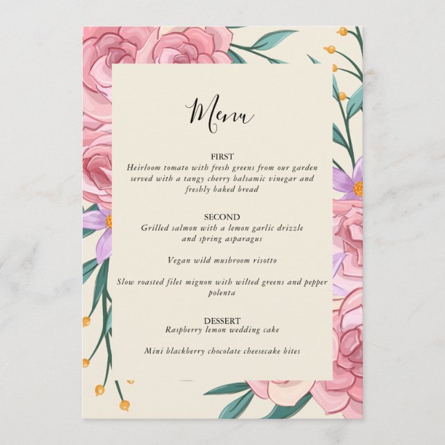Menu Élégant Bohème Rose Pâle Floral Aquarelle Mariage  (Devant)