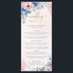 Menu Elégant boho blush et bleu fleurs cadre or<br><div class="desc">Le menu élégant Boho Blush et Blue Flowers Gold Frame Mariage Menu offre une touche raffinée de sophistication pour votre journée spéciale. Le délicat mélange de fleurs bleues et bleues, associé au cadre doré complexe, crée une esthétique étonnante et élégante qui impressionnera vos invités. Le design de la carte dégage...</div>