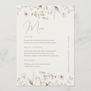 Menu Elegant Boho Fleur sauvage Dîner Mariage