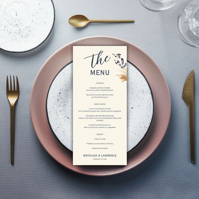 Menu Élégant Boho Gold Foliage Mariage de script bleu (Elegant Boho Gold Foliage Blue Script Wedding Menu)
