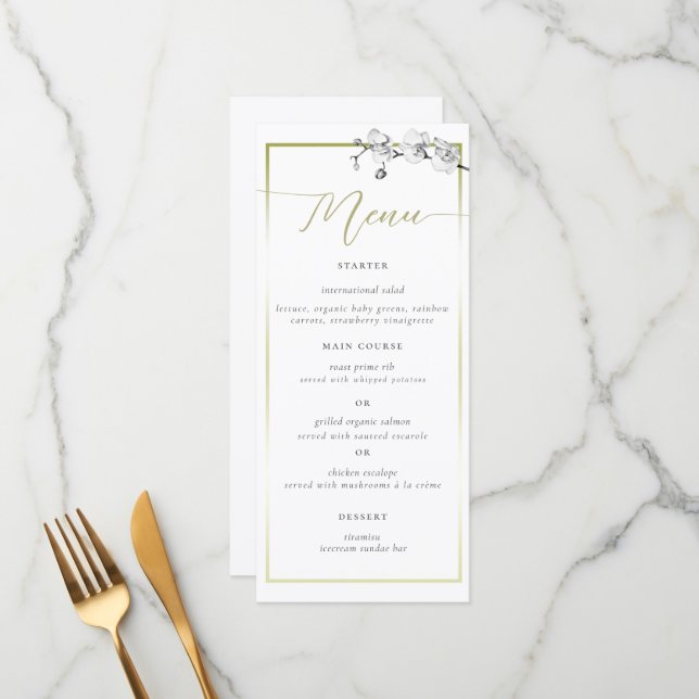 Menu Elegant Boho Gold Frame BW Orchids Fête des mariée (Devant/Arrière en situation)
