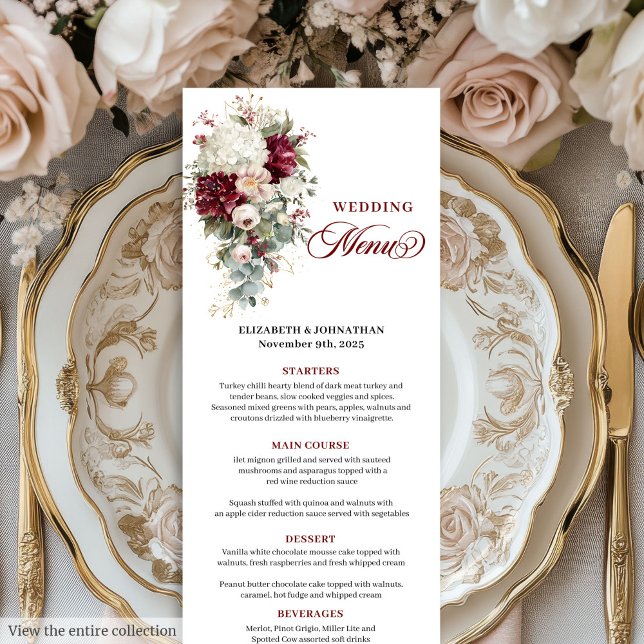 Menu Elégant boho profond or rouge rose chic mariage me (Elegant boho deep red gold roses chic wedding menu)