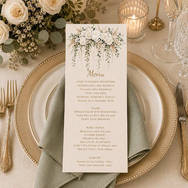 Menu Élégant Boho Roses Ivory Perles Mariage | (Créateur téléchargé)