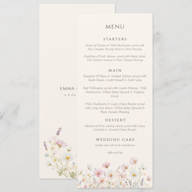 Menu Elegant Boho wildflowers Script Wedding  (Devant / Derrière)