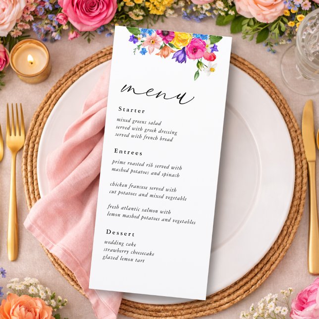 Menu Élégant Bold Coloré Fleurs aquarelle mariage (Créateur téléchargé)