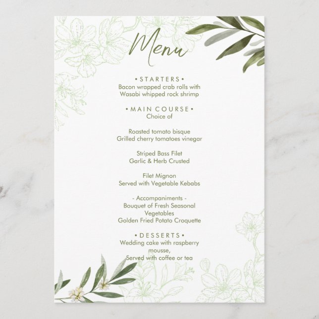 Menu Élégant Botanique Florale Sage Vert Mariage Dîner (Devant)