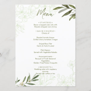 Menu Élégant Botanique Florale Sage Vert Mariage Dîner