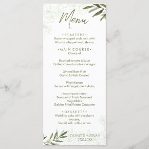 Menu Élégant Botanique Florale Sage Vert Mariage Dîner