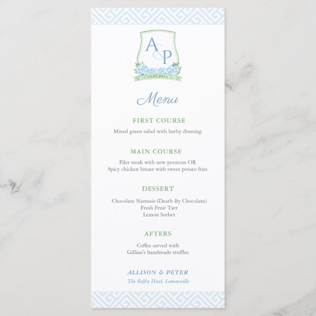 Menu Élégant Botanique Vert Bleu Monogramme Mariage (Devant)
