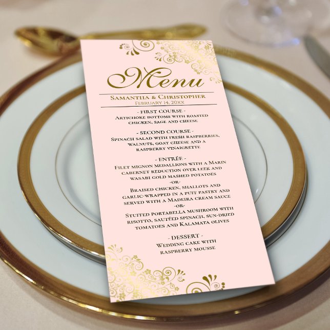 Menu Elégant boucles d'or et Mariage rose pâle (On Plate)