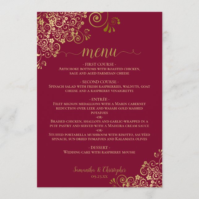 Menu Elégant boucles d'or et tourbillons sur Mariage Bo (Devant)
