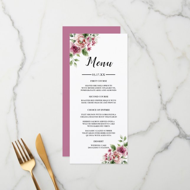 Menu Élégant bouquet de roses roses à l'aquarelle pour  (Devant/Arrière en situation)