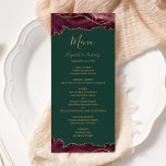 Menu Élégant Bourgogne Gold Agate Mariage vert<br><div class="desc">Ce menu mariage moderne et élégant présente des bordures de haut et de bas de l'agate d'aquarelle bordeaux, égayée de parties scintillant en faux or. Le texte apparaît dans une élégante écriture manuscrite de couleur or, des polices italiques et cuivre sur un arrière - plan vert émeraude. La conception de...</div>