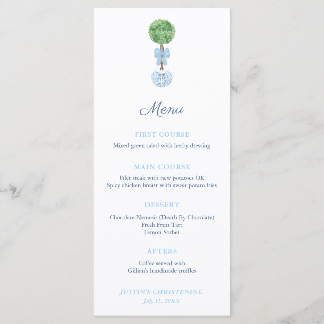 Menu Elégant Boxwood Baby Boy Boy Christening Celebrati (Devant)