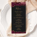 Menu Élégant Burgundy Gold Agate Mariage foncé<br><div class="desc">Ce menu mariage moderne et élégant présente des bordures de haut et de bas de l'agate d'aquarelle bordeaux, égayée de parties scintillant en faux or. Le texte apparaît dans une élégante écriture manuscrite de couleur or, des polices italique et cuivre sur un arrière - plan noir ardoise. La conception de...</div>