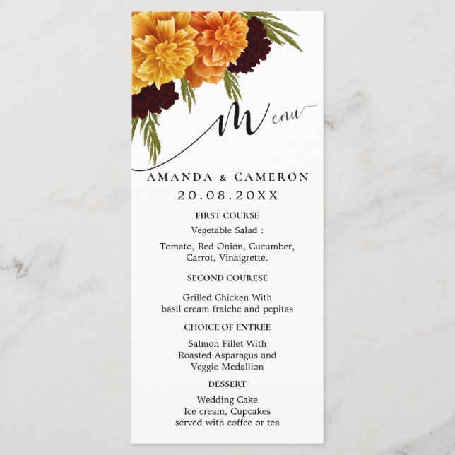 Menu Elegant Burgundy Red Watercolor "MARIGOLD" Wedding (Devant)