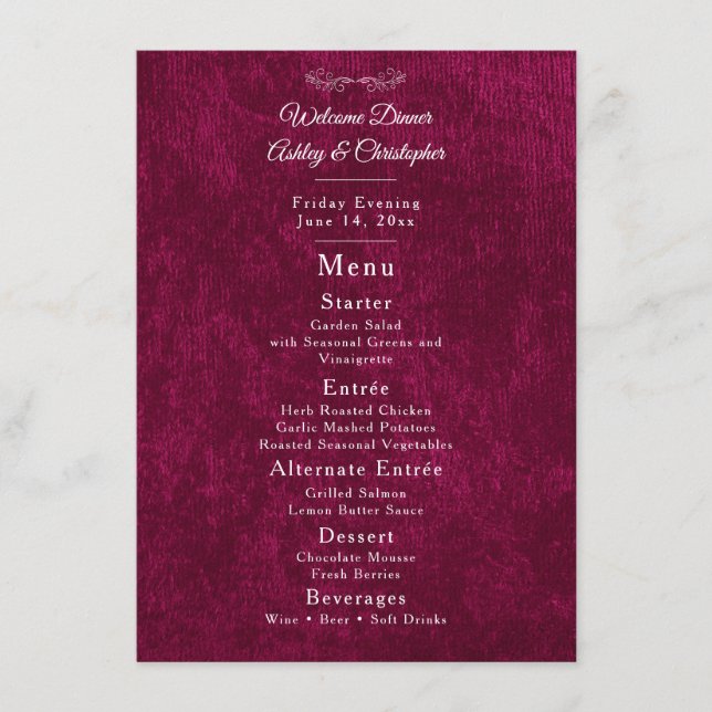 Menu Elegant Burgundy Velvet White Welcome Dinner (Devant)