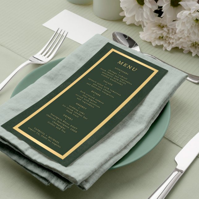 Menu Élégant cadre doré vert foncé mariage moderne (Créateur téléchargé)