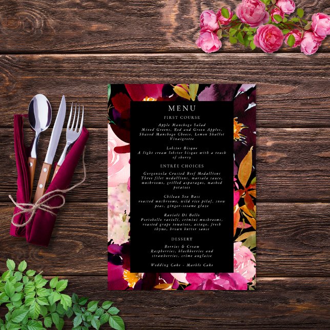 Menu Elégant cadre floral rose bordeaux noir (Créateur téléchargé)