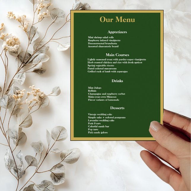 Menu Elégant cadre Gold Script sur Green Mariage Dîner (Créateur téléchargé)