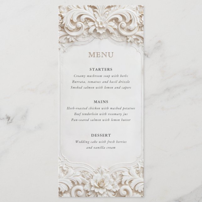 Menu Élégant Cadre Mariage Blanc Baroque de Classe (Devant)