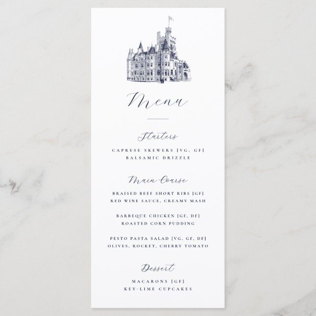 Menu Elegant Castle Illustration Destination Wedding  (Devant)