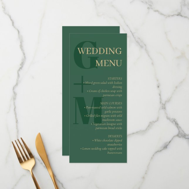 Menu Elégant chasseur vert Tan Typographie Mariage (Devant/Arrière en situation)