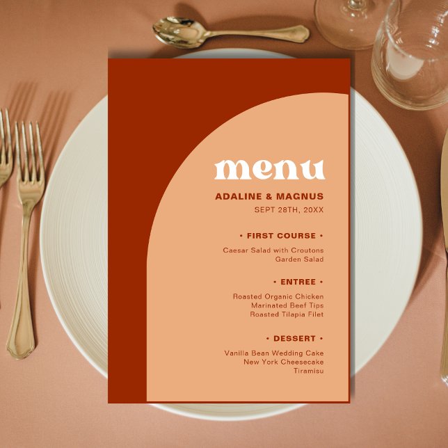 Menu Élégant Chic Pêche Terre Cuite Arch Boho Mariage (Elegant chic peach terracotta arch wedding menu adds warm boho charm to your reception.)