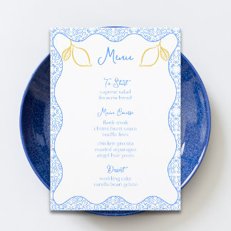 Menu Élégant citron et carrelage bleu Mariage méditerra